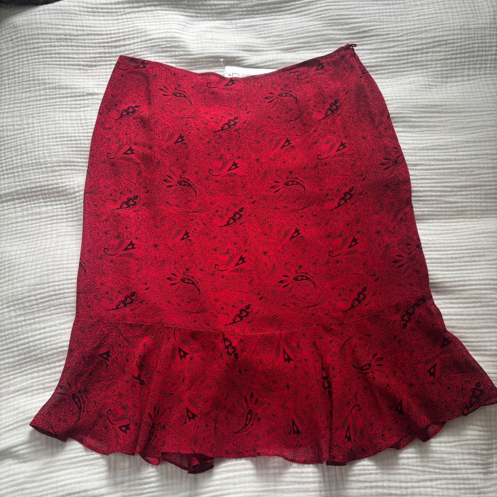 NWT Vintage Chicos Silk Flounce Skirt Red Black Paisley Size 3 US XL